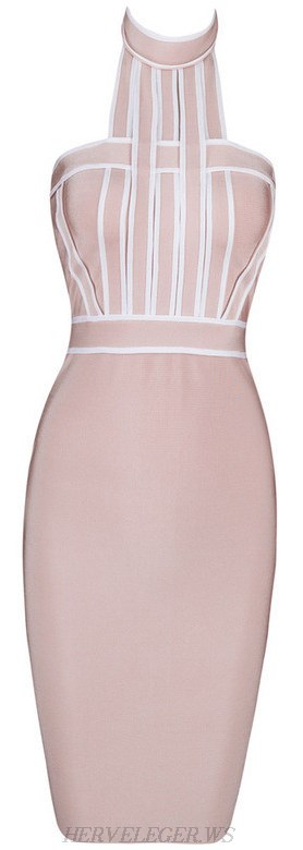 Herve Leger Nude And White Halter Geometric Dress