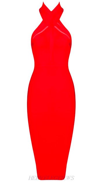 Herve Leger Red Halter Mesh Dress