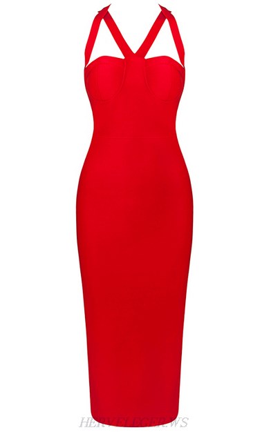 Herve Leger Red Halter Strappy Bandage Dress
