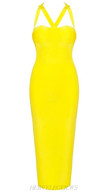 Herve Leger Yellow Halter Strappy Bustier Dress