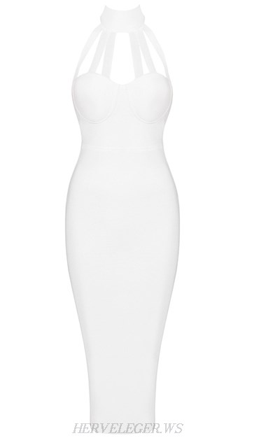 Herve Leger White Halter Strappy Dress