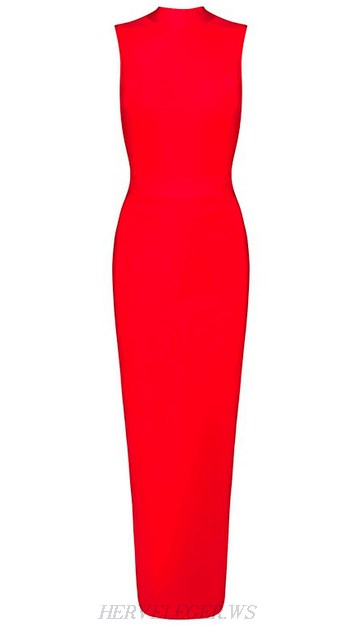 Herve Leger Red High Neck Maxi Gown