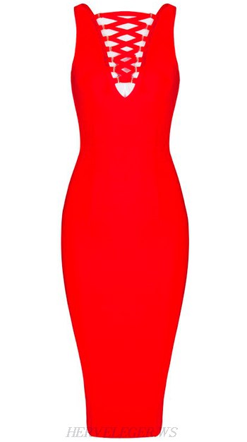 Herve Leger Red Lace Up Bandage Dress