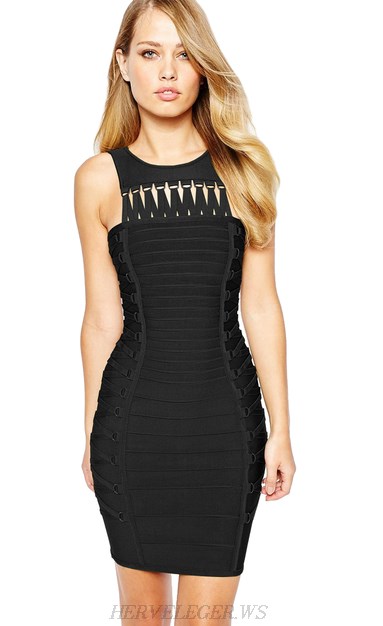 Herve Leger Black Lace Up Detail Dress