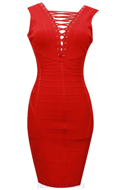 Herve Leger Red Lace Up Detail Dress