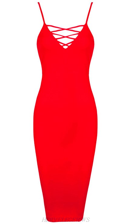 Herve Leger Red Lace Up Bandage Dress