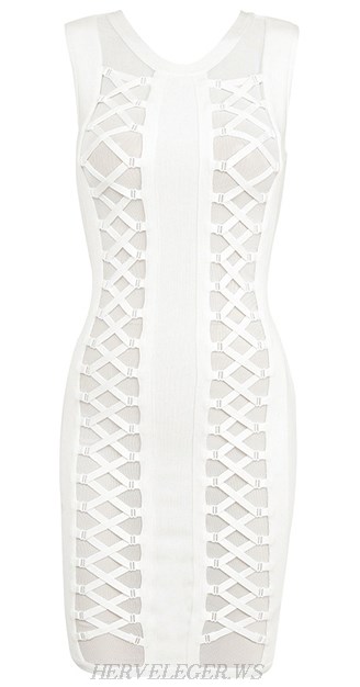 Herve Leger White Lace Up Panels Bandage Dress