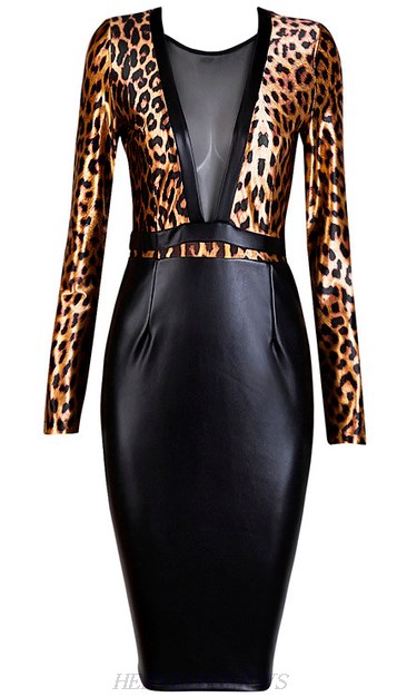 Herve Leger Long Sleeve Leopard Faux Leather Dress