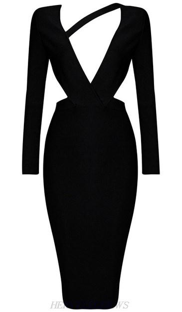 Herve Leger Black Long Sleeve Asymmetrical Bandage Dress