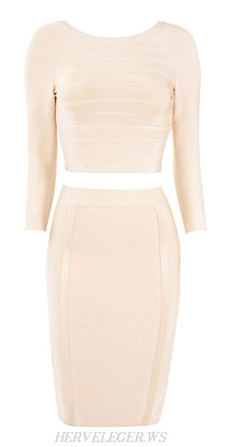 Herve Leger Nude Long Sleeve Bandage Top Skirt Dress
