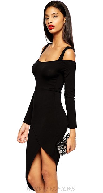 Herve Leger Black Long Sleeve Bardot Asymmetrical Dress