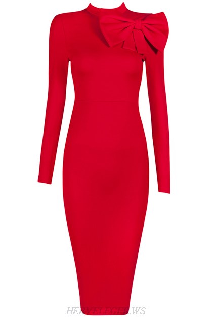 Herve Leger Red Long Sleeve Bow Detail Dress