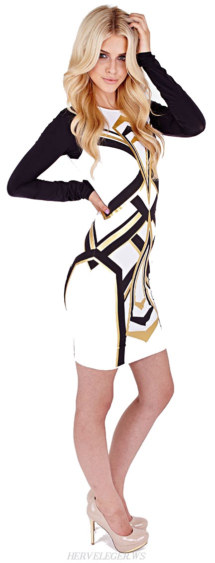 Herve Leger Long Sleeve Contrast Geo Print Bandage Dress