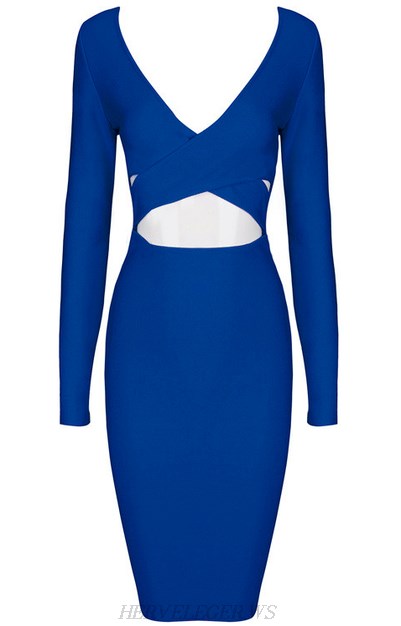 Herve Leger Blue Long Sleeve Cross Over Cut Out Dress