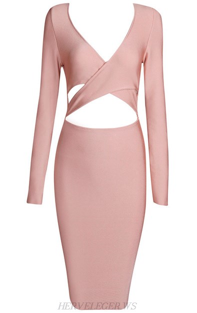 Herve Leger Nude Long Sleeve Cross Over Cut Out Dress