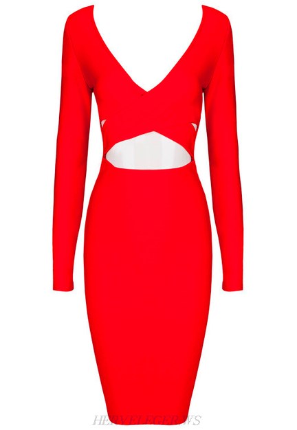 Herve Leger Red Long Sleeve Cross Over Cut Out Dress