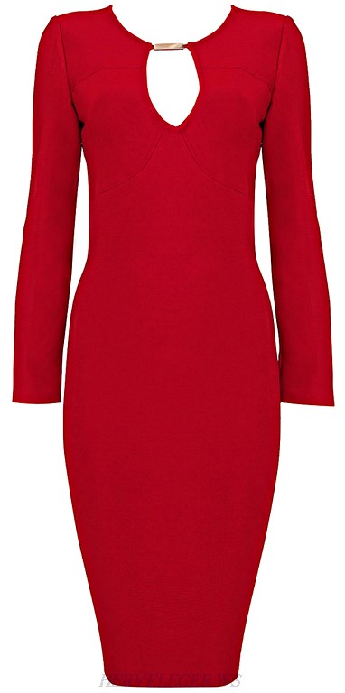 Herve Leger Red Long Sleeve Cut Out Bandage Dress