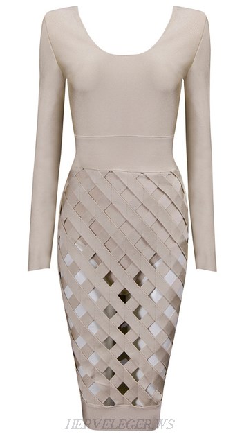 Herve Leger Nude Long Sleeve Cut Out Skirt Dress