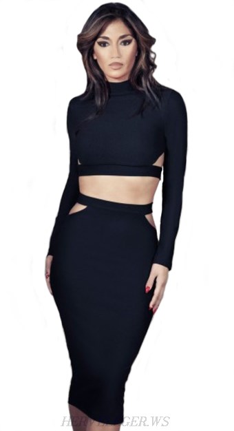 Herve Leger Black Long Sleeve Cutout Two Piece Dress