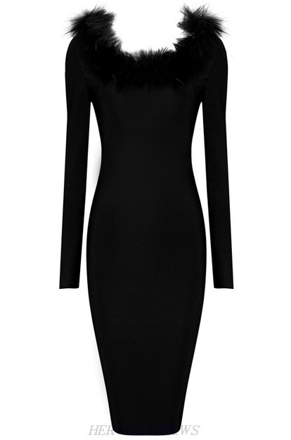 Herve Leger Black Long Sleeve Faux Fur Dress