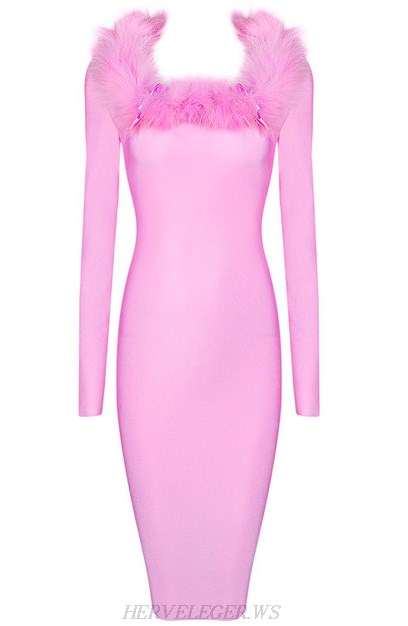 Herve Leger Pink Long Sleeve Faux Fur Dress