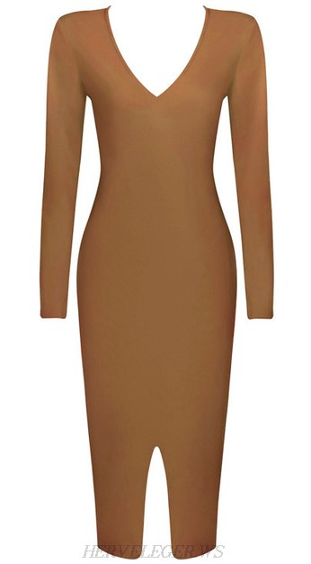 Herve Leger Long Sleeve Front Slit Midi Bandage Dress Moka
