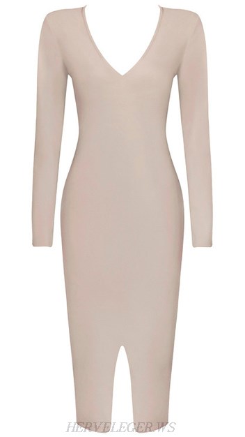 Herve Leger Nude Long Sleeve Front Slit Dress