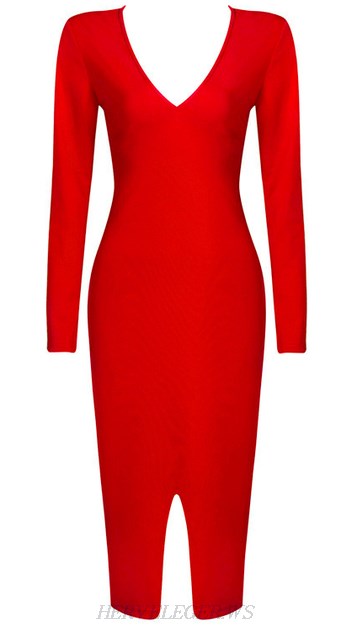 Herve Leger Red Long Sleeve Front Slit Dress