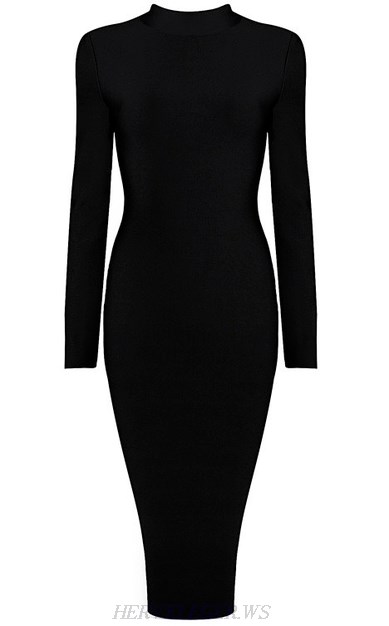 Herve Leger Black Long Sleeve High Neck Dress