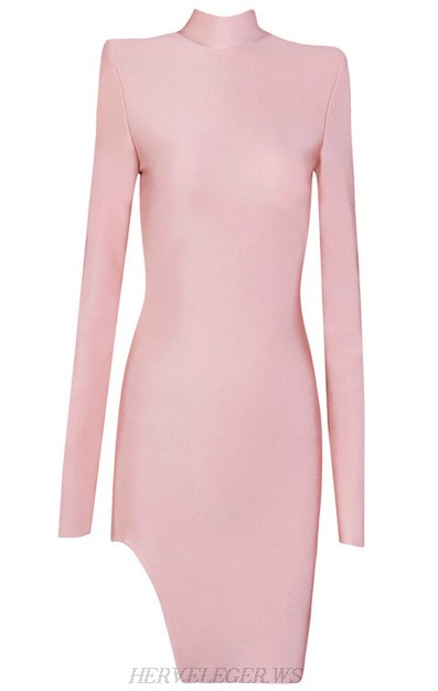 Herve Leger Pink Long Sleeve High Neck Slit Dress