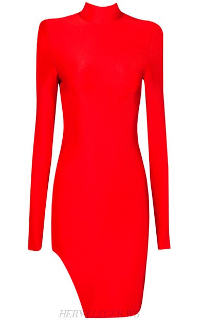 Herve Leger Red Long Sleeve High Neck Slit Dress