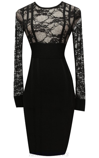 Herve Leger Black Long Sleeve Lace Dress
