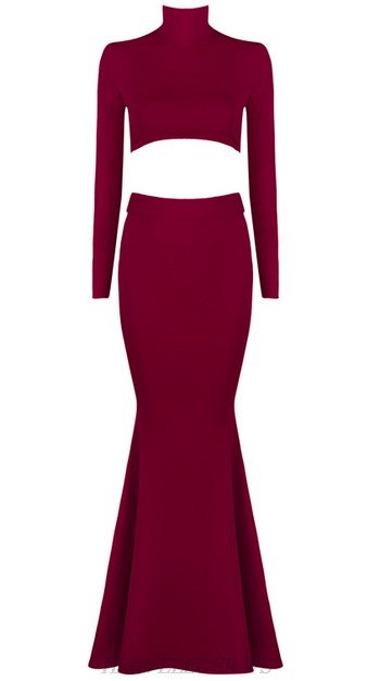 Herve Leger Burgundy Long Sleeve Lace Up Mermaid Gown