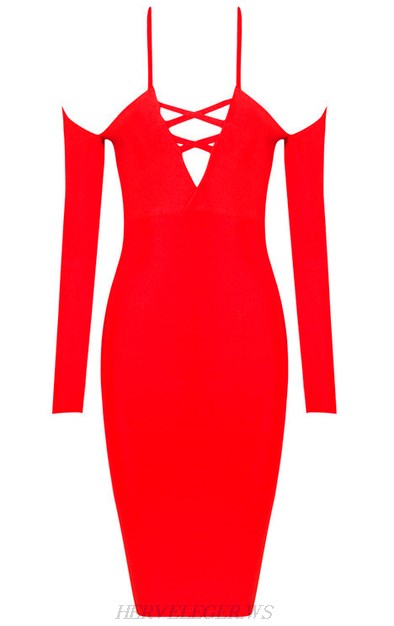 Herve Leger Red Long Sleeve Lace Up Straps Dress