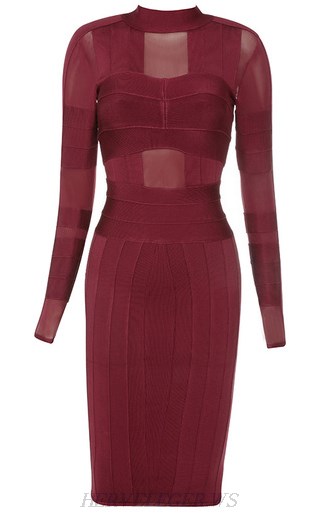 Herve Leger Burgundy Long Sleeve Mesh Dress