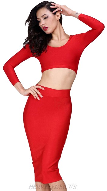 Herve Leger Red Long Sleeve Two Piece Bandage Dress