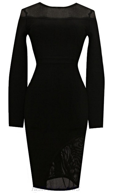 Herve Leger Black Long Sleeve Multi Stitch Crochet Two Piece Dress