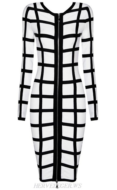 Herve Leger Black And White Long Sleeve Patterned Dress