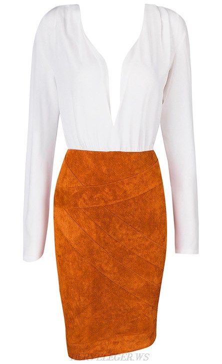 Herve Leger White And Orange Long Sleeve Plunge V Neck Asymmetrical Dress