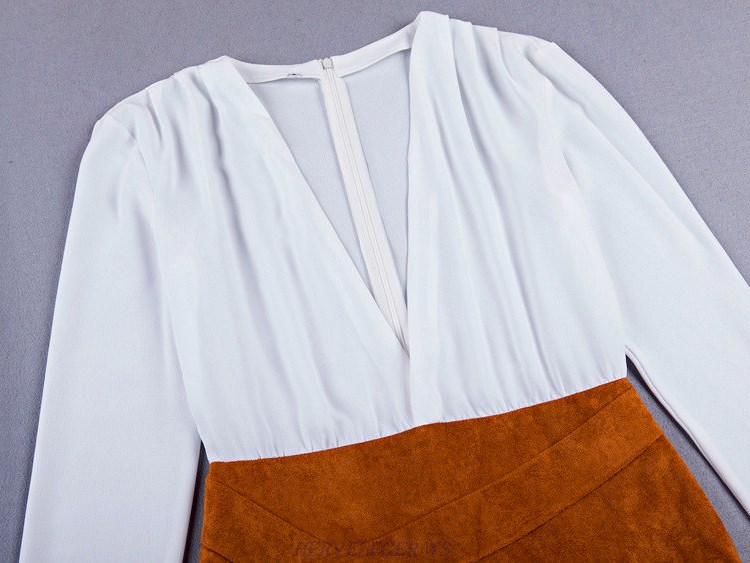 Herve Leger White And Orange Long Sleeve Plunge V Neck Asymmetrical Dress