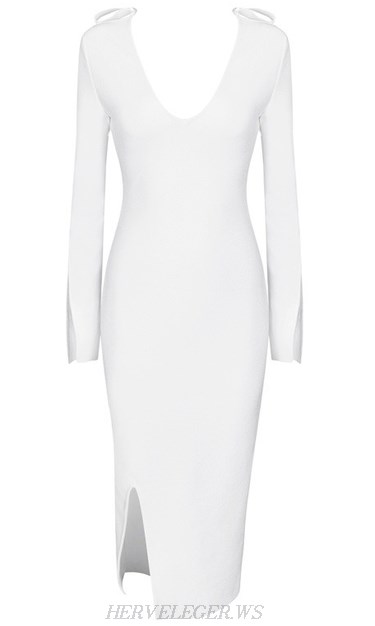 Herve Leger White Long Sleeve Slit Dress