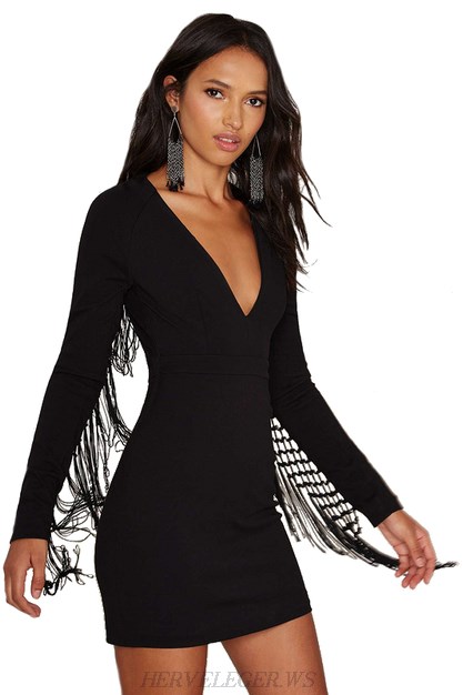 Herve Leger Black Long Sleeve Tassel Dress