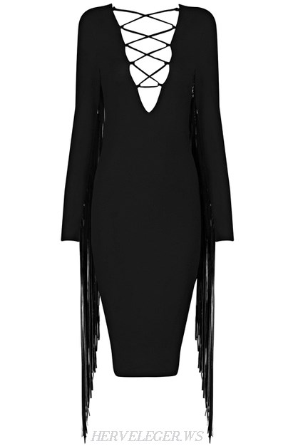 Herve Leger Black Long Sleeve Tassel Lace Up Dress