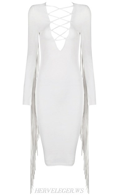 Herve Leger White Long Sleeve Tassel Lace Up Dress