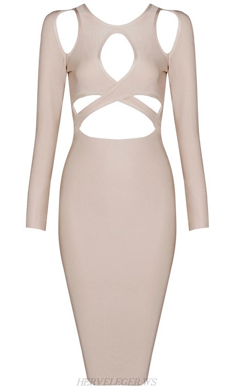 Herve Leger Nude Long Sleeve Wrap Over Dress