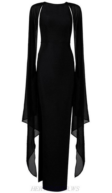 Herve Leger Black Mesh Cape Sleeve Evening Gown