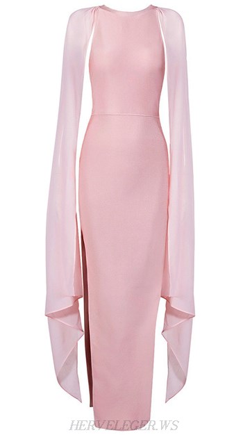 Herve Leger Pink Mesh Cape Sleeve Evening Gown