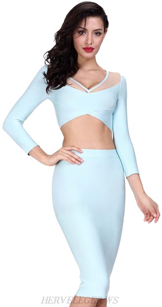 Herve Leger Aquamarine Mesh Asymmetric Two Piece Bandage Dress