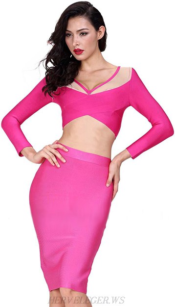 Herve Leger Fuchsia Mesh Asymmetric Two Piece Bandage Dress
