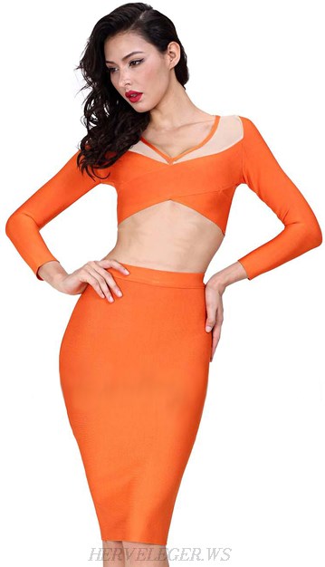 Herve Leger Orange Mesh Asymmetric Two Piece Bandage Dress